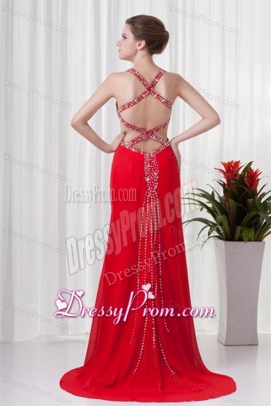 Red Column Straps Brush Train Chiffon Beading Criss Cross Prom Dress
