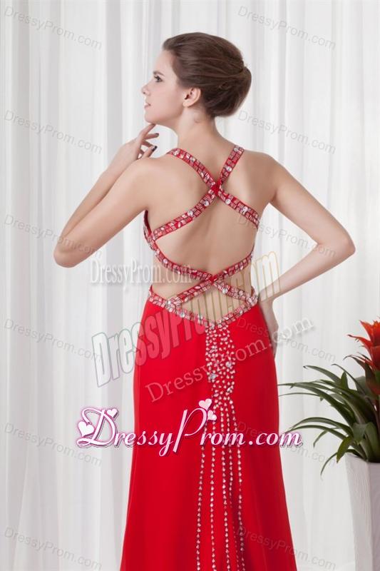Red Column Straps Brush Train Chiffon Beading Criss Cross Prom Dress