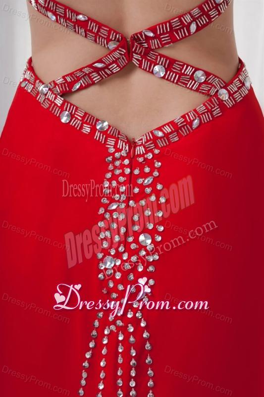 Red Column Straps Brush Train Chiffon Beading Criss Cross Prom Dress