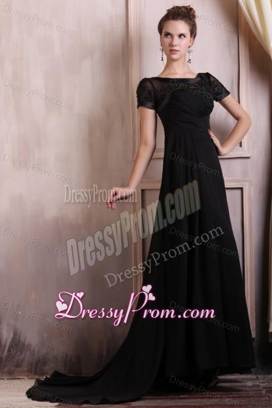 Scoop Empire Chiffon Brush Train Black Prom Dress with Appliques