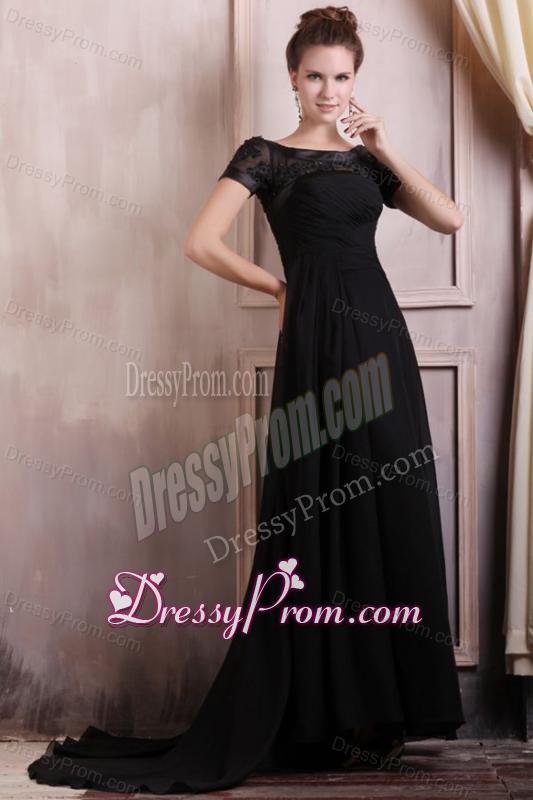 Scoop Empire Chiffon Brush Train Black Prom Dress with Appliques