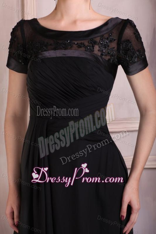 Scoop Empire Chiffon Brush Train Black Prom Dress with Appliques