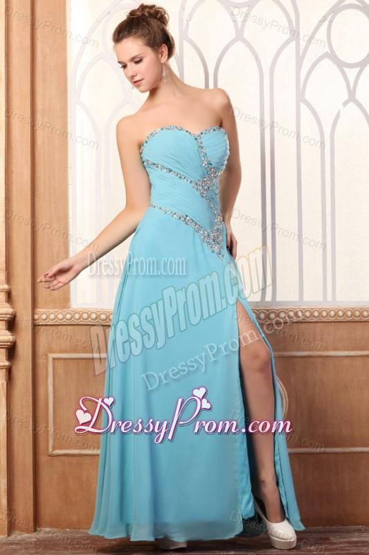 Sweetheart Light Blue Beading and High Silt Prom Dress with Chiffon