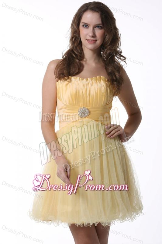 A-line Light Yellow Strapless Prom Dress with Ruching Mini-length