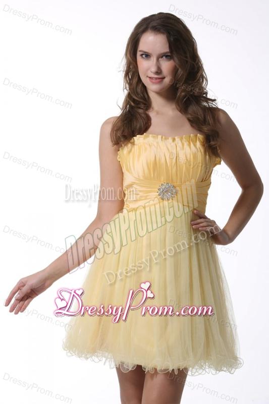 A-line Light Yellow Strapless Prom Dress with Ruching Mini-length