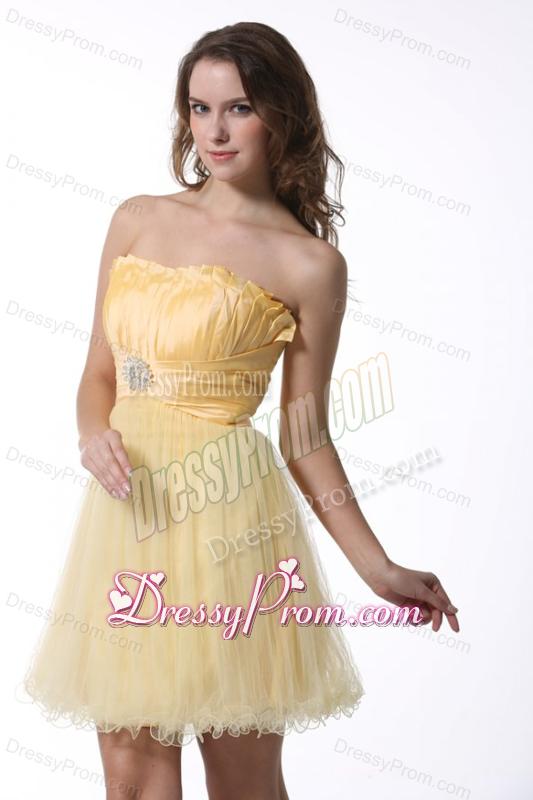 A-line Light Yellow Strapless Prom Dress with Ruching Mini-length