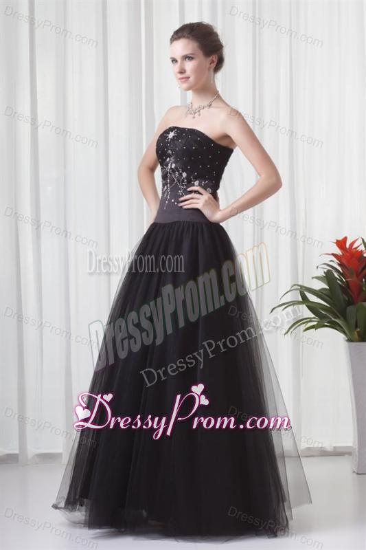 Black A-line Strapless Tulle Beading Floor-length Prom Dress