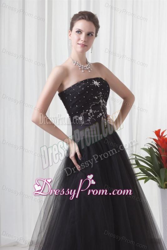Black A-line Strapless Tulle Beading Floor-length Prom Dress