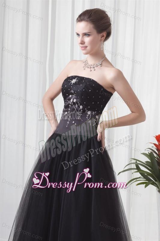 Black A-line Strapless Tulle Beading Floor-length Prom Dress