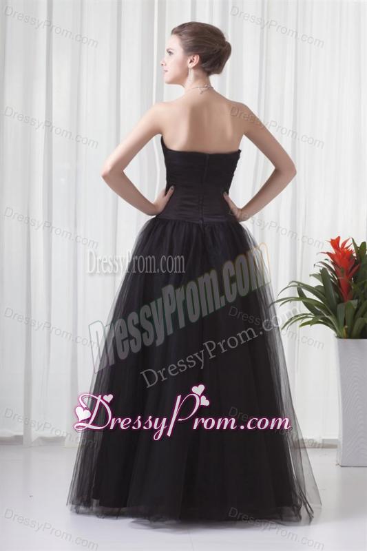 Black A-line Strapless Tulle Beading Floor-length Prom Dress