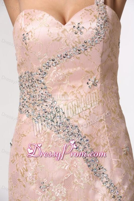 Champagne One Shoulder High Slit Prom Dress with Lace and Beading