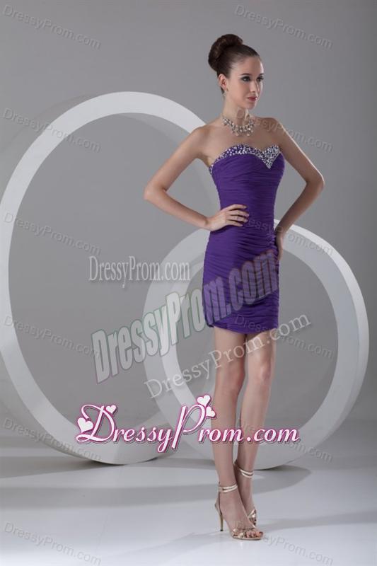 Column Sweetheart Mini-length Purple Chiffon Prom Dress with Beading
