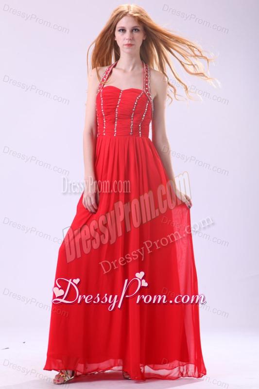 Empire Halter Beading Floor-length Red Chiffon Prom Dress