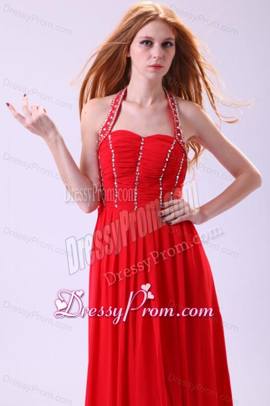 Empire Halter Beading Floor-length Red Chiffon Prom Dress