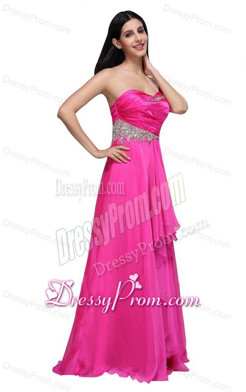 Empire Sweetheart Beading and Ruching Chiffon Hot Pink Prom Dress