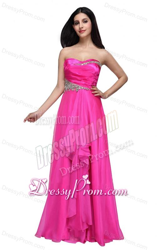 Empire Sweetheart Beading and Ruching Chiffon Hot Pink Prom Dress