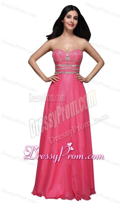 Empire Sweetheart Chiffon Hot Pink Beading and Ruching Prom Dress