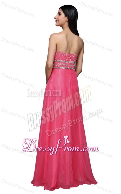 Empire Sweetheart Chiffon Hot Pink Beading and Ruching Prom Dress