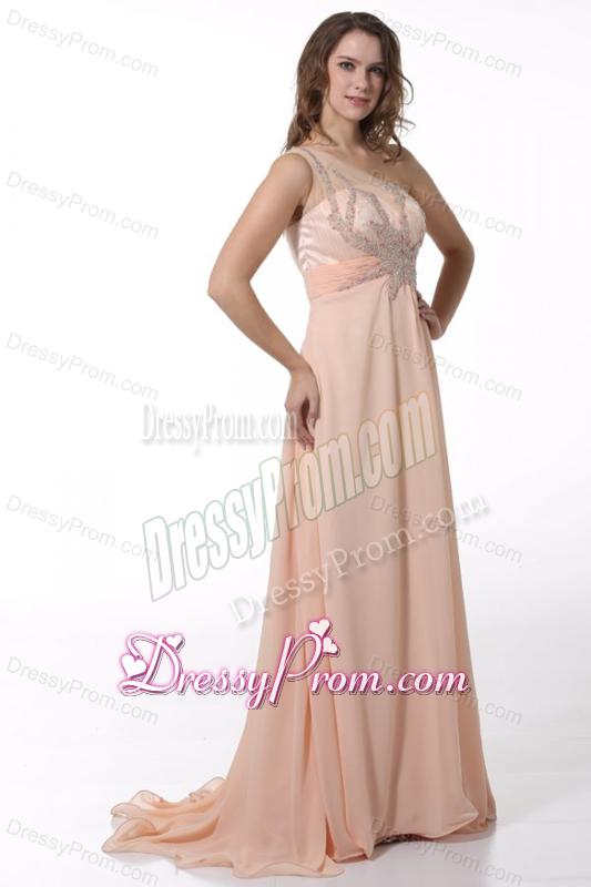 Peach Empire One Shoulder Brush Train Prom Dress with Beading