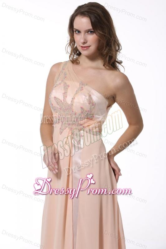 Peach Empire One Shoulder Brush Train Prom Dress with Beading