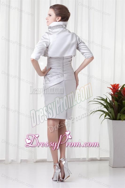 Silver Column Sweetheart Short Prom Dress with Beading and Ruching