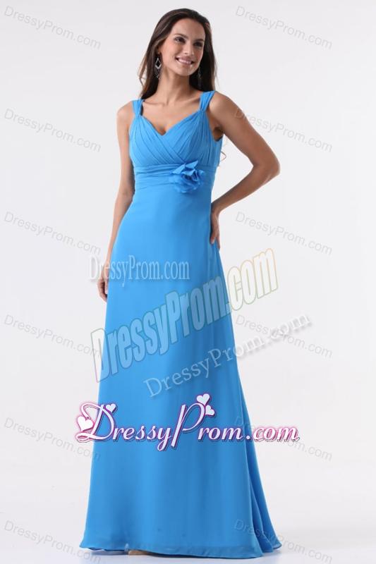 Simple Blue Straps Ruching Hand Made Flower Floor-length Chiffon Prom Dress