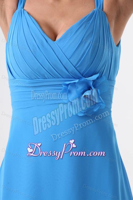 Simple Blue Straps Ruching Hand Made Flower Floor-length Chiffon Prom Dress