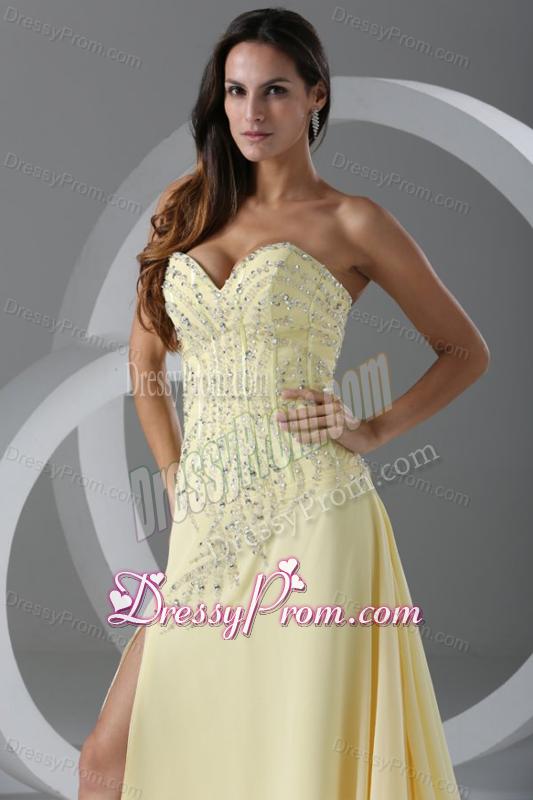 Sweep Train High Slit Light Yellow Prom Dress with Beading