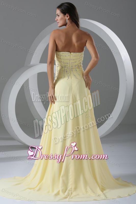 Sweep Train High Slit Light Yellow Prom Dress with Beading