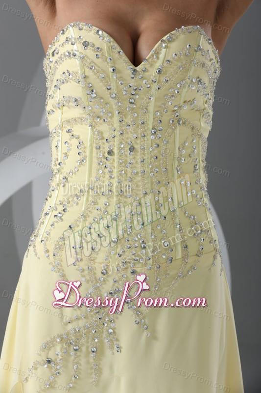 Sweep Train High Slit Light Yellow Prom Dress with Beading