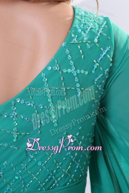 Green One Shoulder Long Sleeve Beaded Decorate Prom Dress for 2014