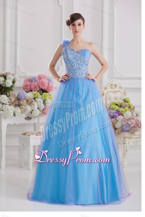 2014 A-line One Shoulder Tulle Blue Quinceanera Dress with Appliques Hand Made Flower