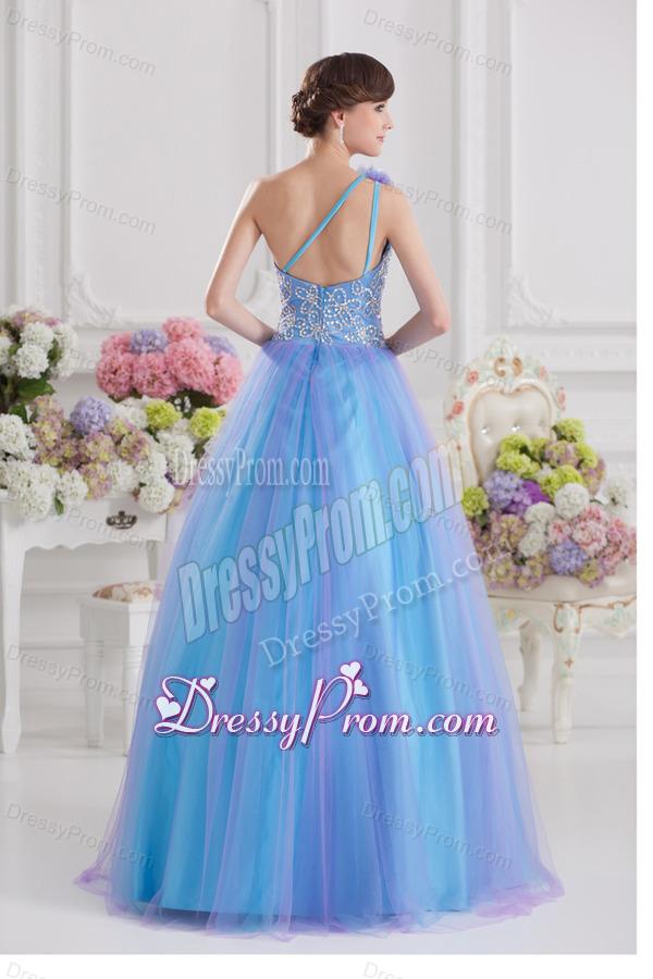 2014 A-line One Shoulder Tulle Blue Quinceanera Dress with Appliques Hand Made Flower