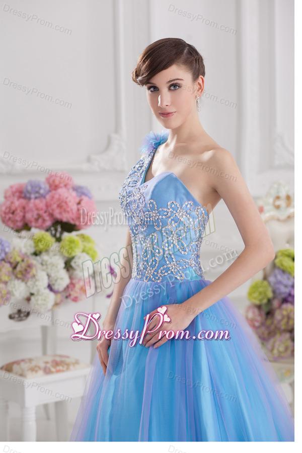 2014 A-line One Shoulder Tulle Blue Quinceanera Dress with Appliques Hand Made Flower