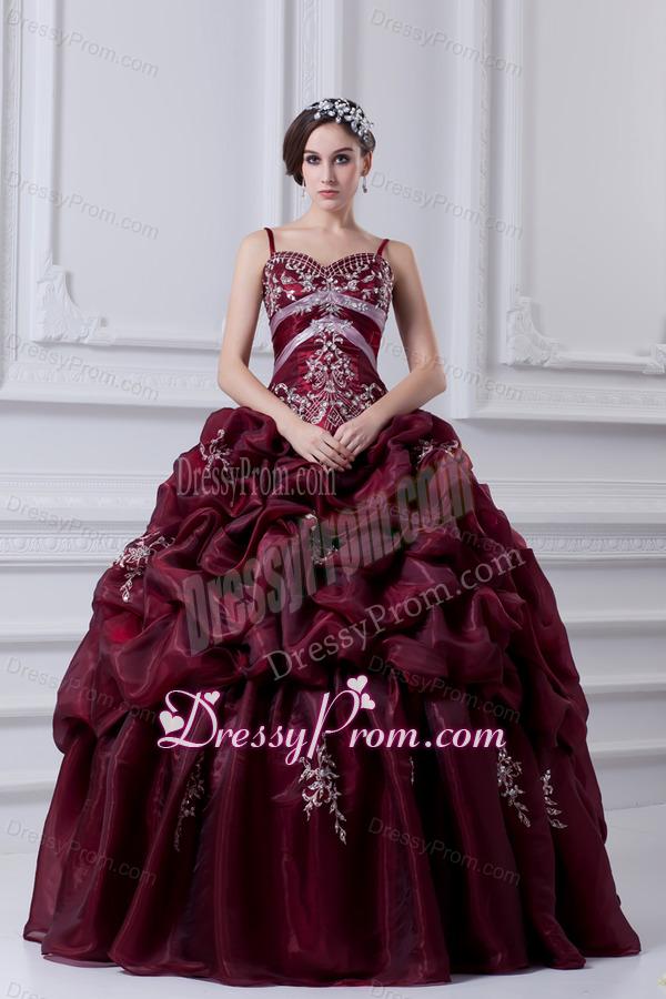 2014 Spaghetti Straps Organza Beading and Appliques Burgundy Quinceanera Dress