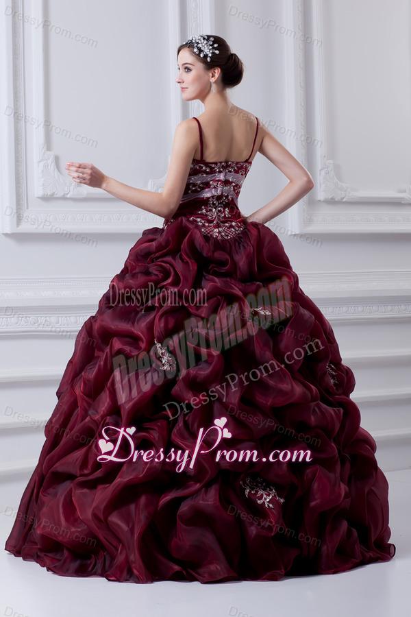2014 Spaghetti Straps Organza Beading and Appliques Burgundy Quinceanera Dress