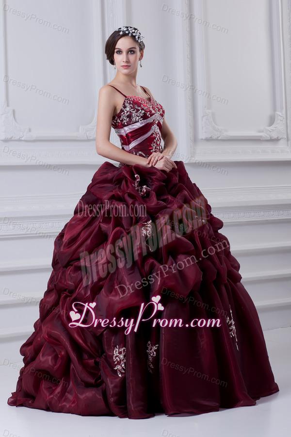 2014 Spaghetti Straps Organza Beading and Appliques Burgundy Quinceanera Dress