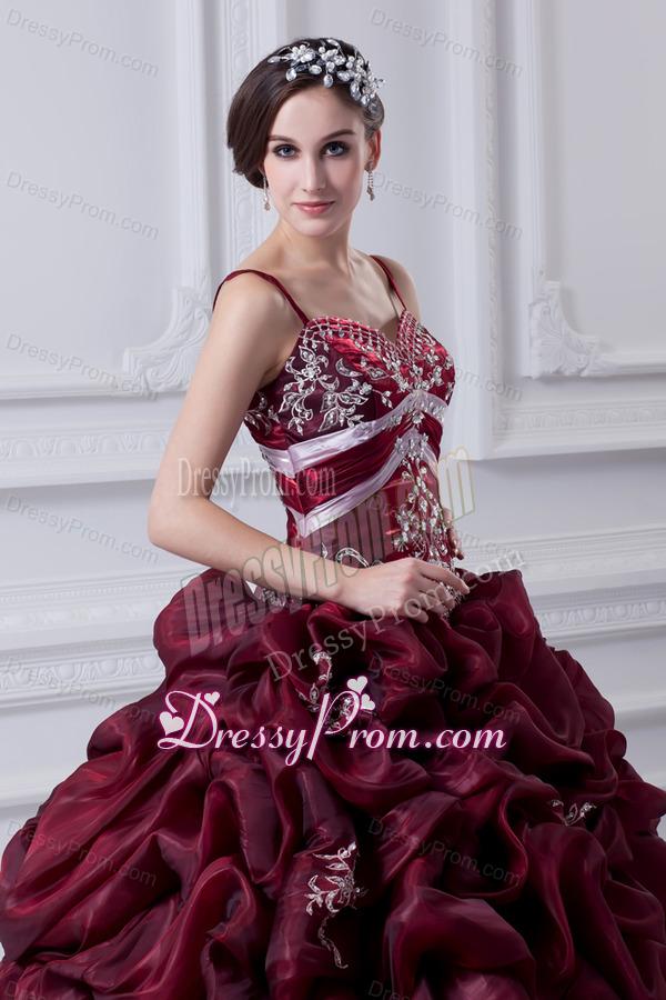 2014 Spaghetti Straps Organza Beading and Appliques Burgundy Quinceanera Dress