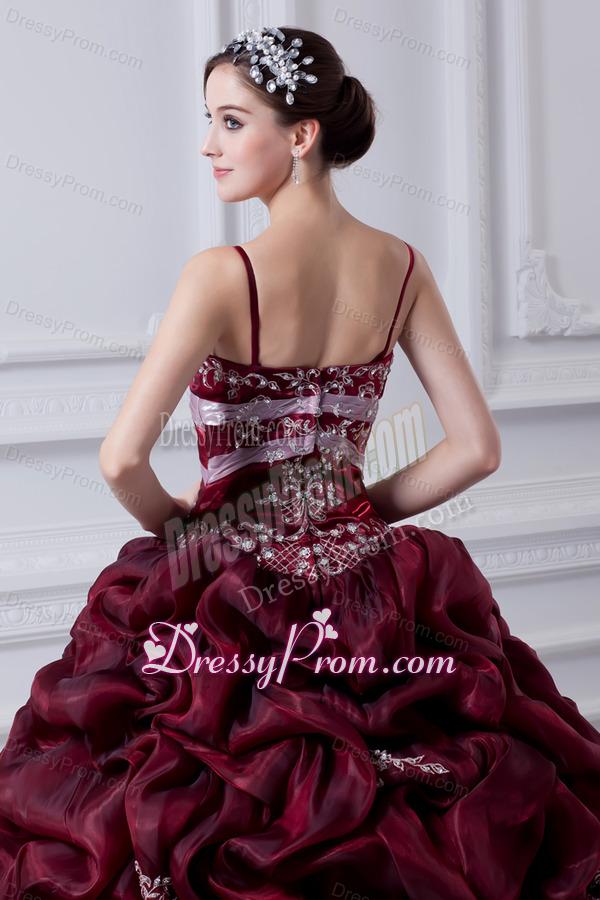 2014 Spaghetti Straps Organza Beading and Appliques Burgundy Quinceanera Dress