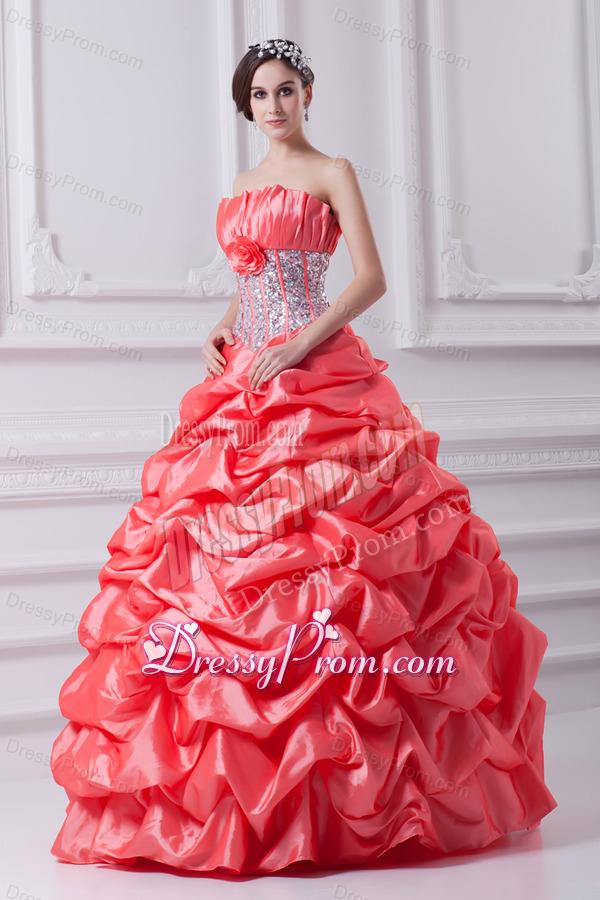 2014 Watermelon Ball Gown Strapless Beading Quinceanera Dress with Side Zipper
