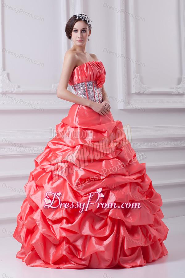 2014 Watermelon Ball Gown Strapless Beading Quinceanera Dress with Side Zipper