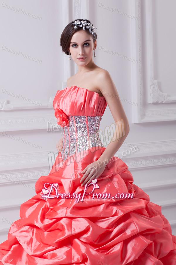 2014 Watermelon Ball Gown Strapless Beading Quinceanera Dress with Side Zipper