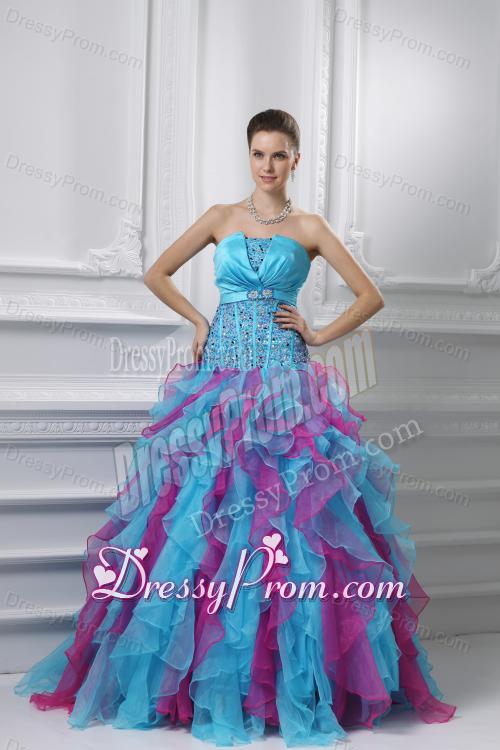 Ball Gown Strapless Organza Beading Ruffles Multi-color Quinceanera Dress