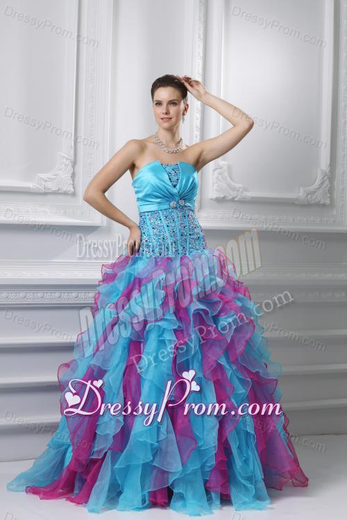 Ball Gown Strapless Organza Beading Ruffles Multi-color Quinceanera Dress