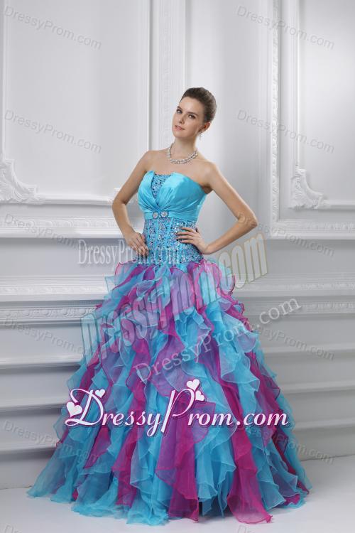 Ball Gown Strapless Organza Beading Ruffles Multi-color Quinceanera Dress