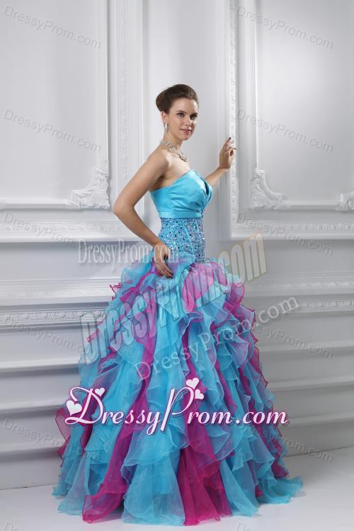 Ball Gown Strapless Organza Beading Ruffles Multi-color Quinceanera Dress