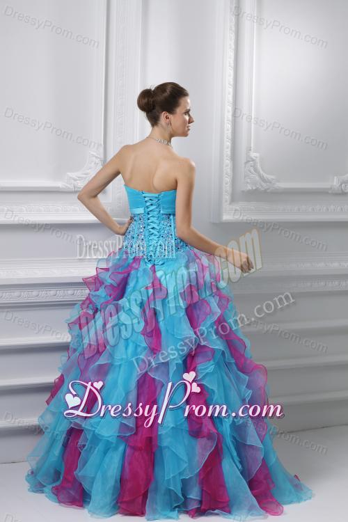 Ball Gown Strapless Organza Beading Ruffles Multi-color Quinceanera Dress