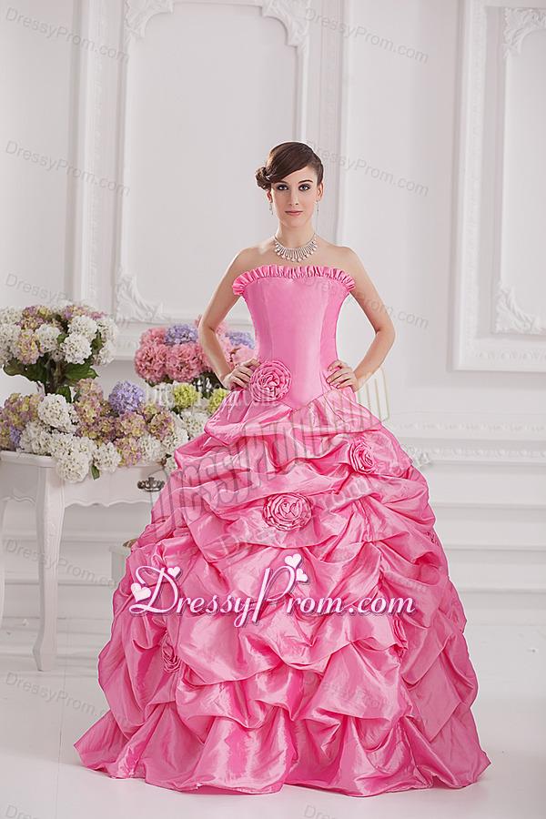 Ball Gown Strapless Pick-ups Rose Pink Quinceanera Dress with Hand Made Flowers