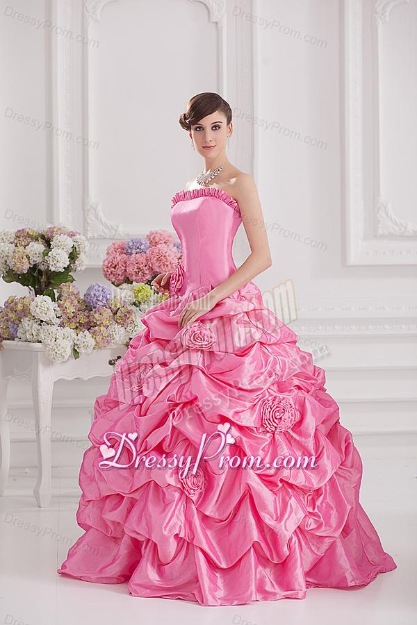Ball Gown Strapless Pick-ups Rose Pink Quinceanera Dress with Hand Made Flowers