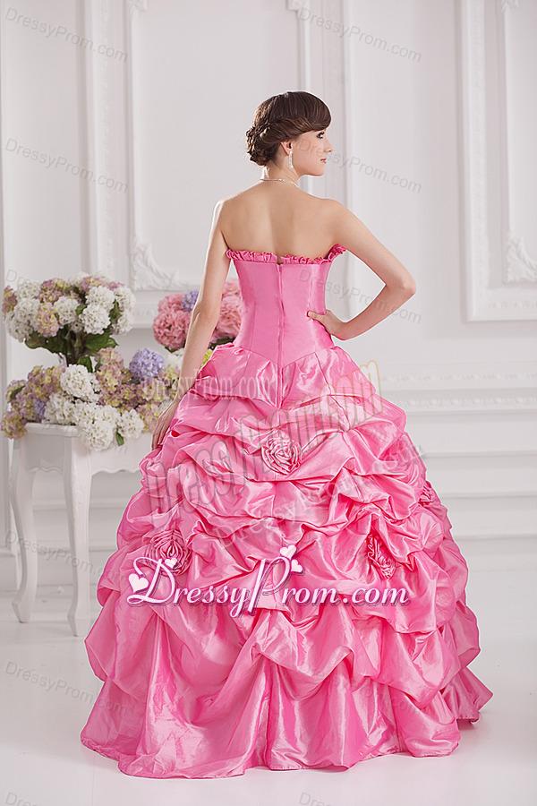Ball Gown Strapless Pick-ups Rose Pink Quinceanera Dress with Hand Made Flowers